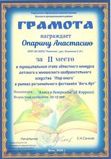 Муниципальный этап областного конкурса "Мир книги" II место Опарина Анастасия